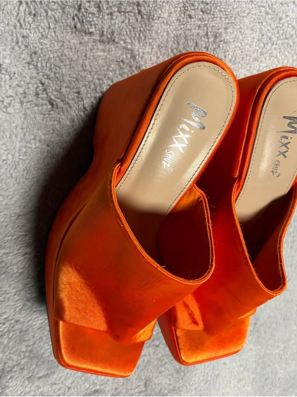 Y2K style platform wedges orange silky suede